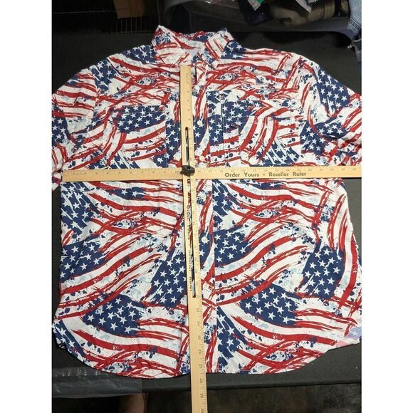 Reel Legends Shirt Blue Flag Print Short Sleeve Button Saltwater Men's Large - Picture 4 of 4